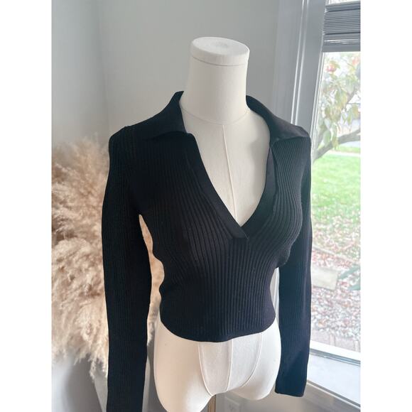 Babaton Black Ribbed Sculpt Knit Polo Long Sleeve Crop Sweater Small Collared - Picture 3 of 10